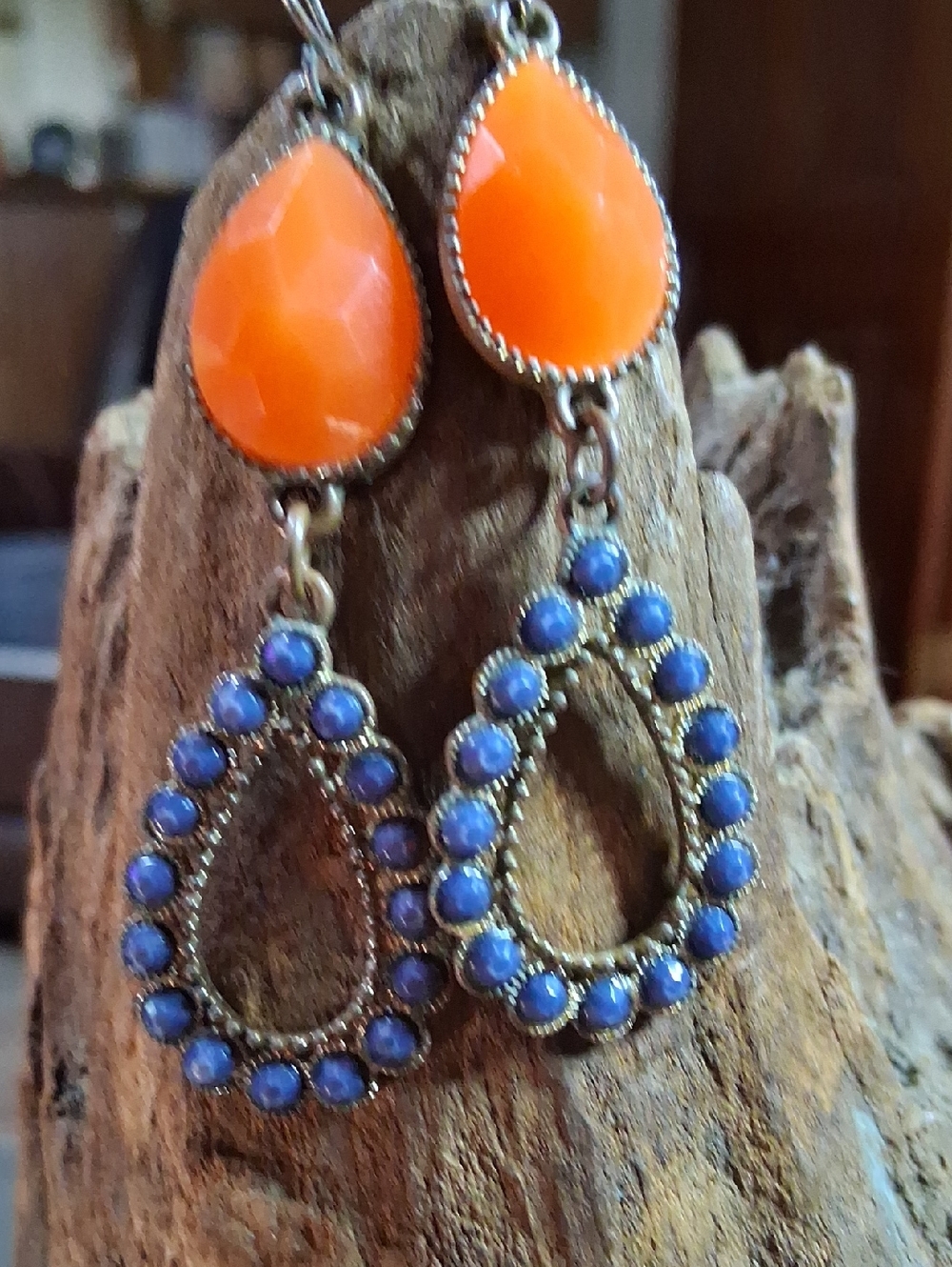 Vintage Orange and Blue Teardrop Dangle Earrings